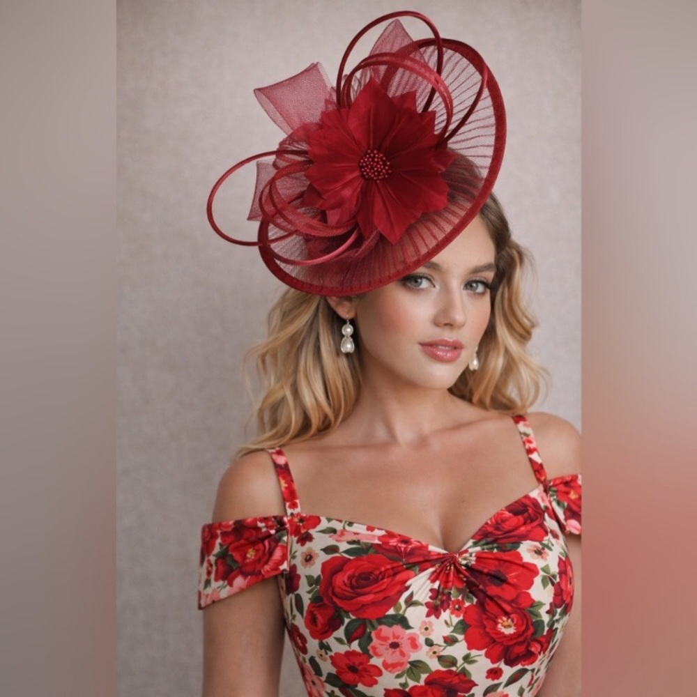 Kentucky Derby Hat Fascinator Elegant Red Floral Feather Ascot Oaks Headwear